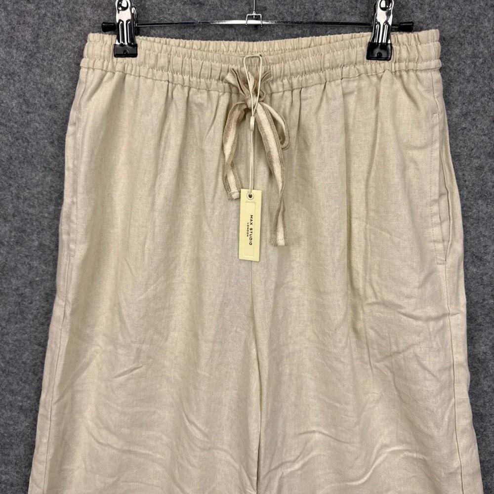 Max‎ Studio London Natural Linen Blend Wide Leg Drawstring Pants 4701L2605 Small